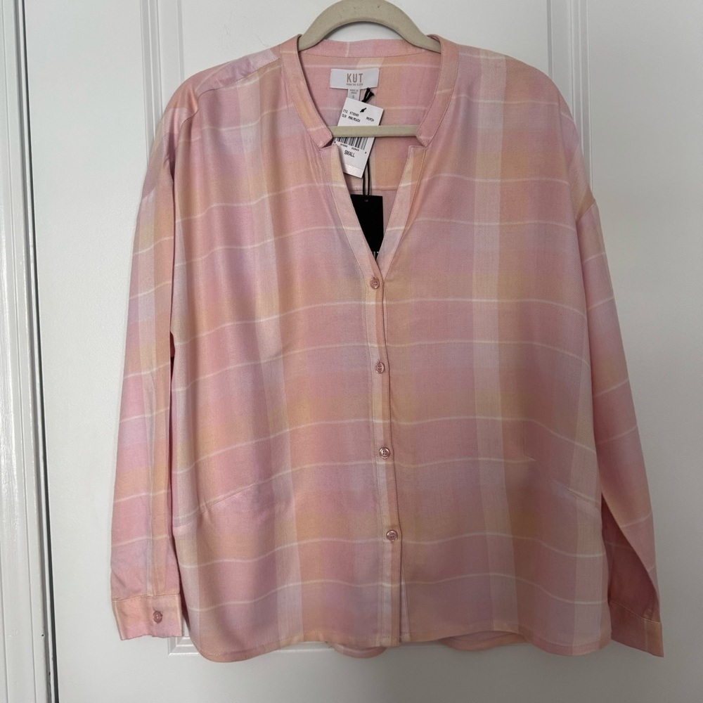 NWT KUT from the Kloth Pink Plaid Button-Up Small Blouse